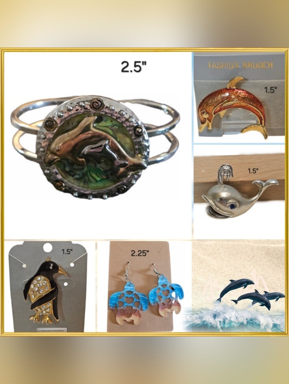 Marine Animals Lover Silver Tone Bracelet, Brooches & Earring Bundle